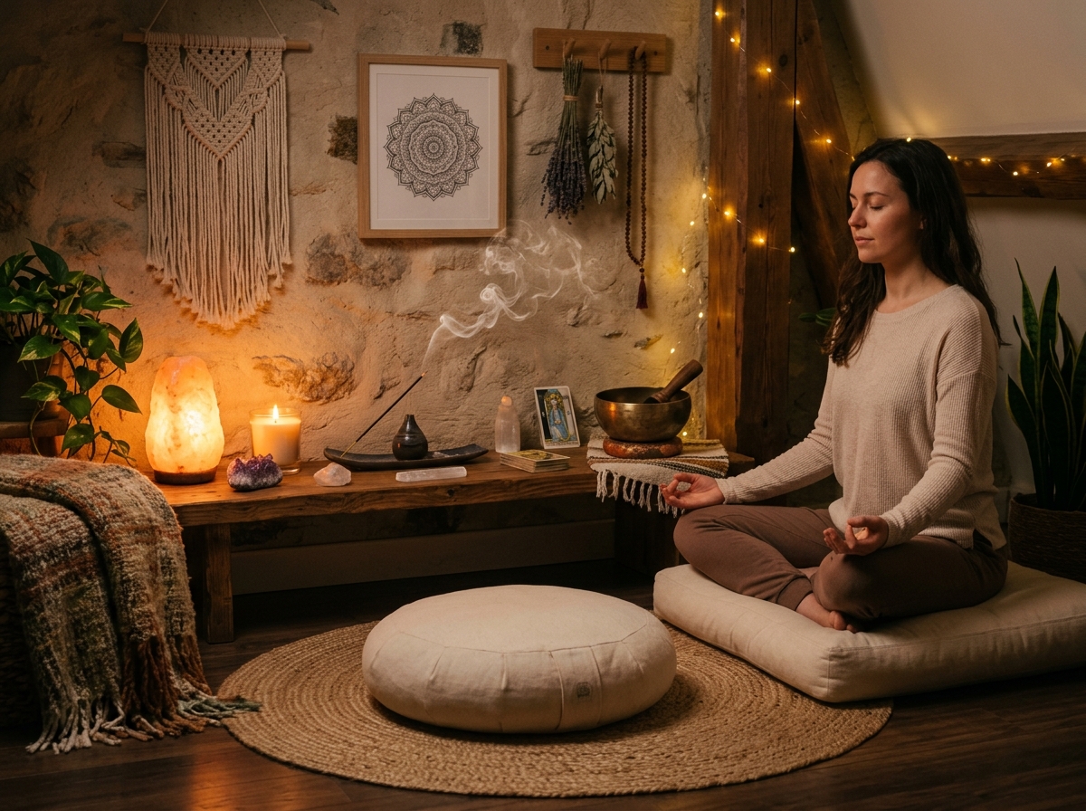 Espace de méditation apaisant avec de l'encens et des lumières douces