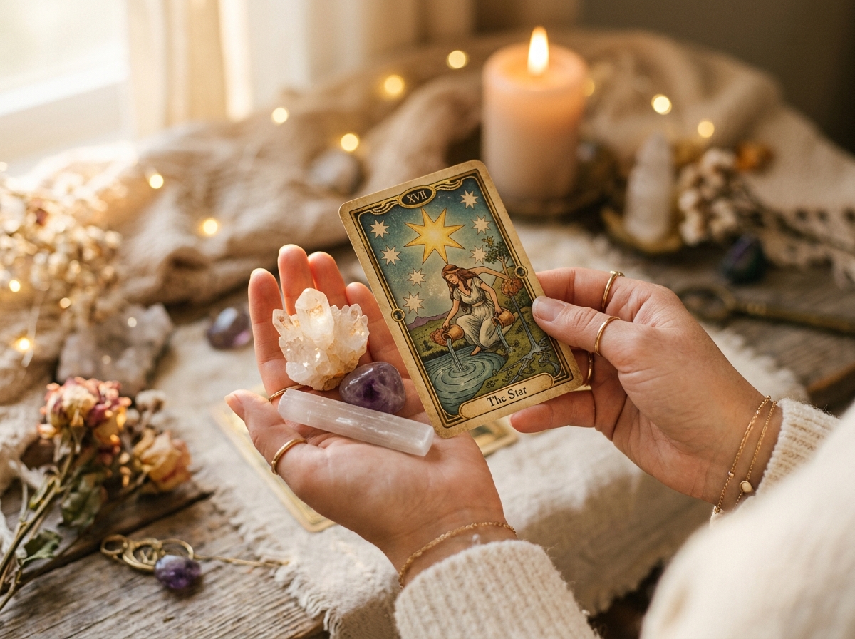 Mains tenant des cristaux et une carte de tarot dans une ambiance sereine