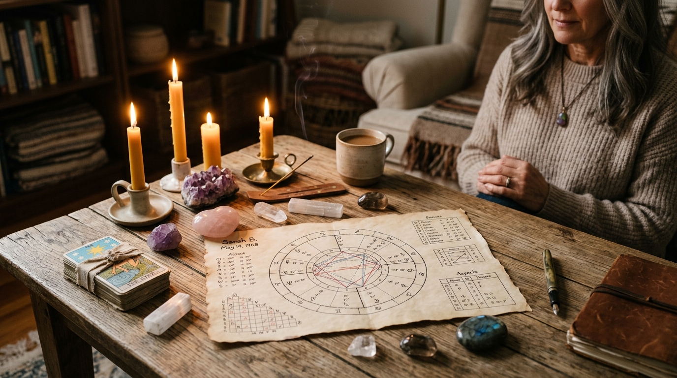 Atmosphère spirituelle avec cartes astrologiques et cristaux sur une table en bois avec éclairage ambré